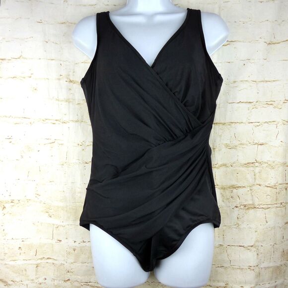 Miraclesuit Oceanus Swimsuit 18W Black One Piece Surplice Ruched 74488W $180 - Picture 5 of 15